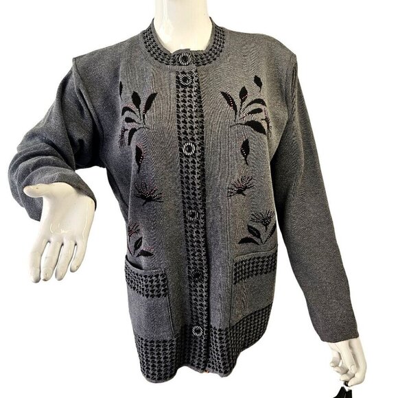 T-C Fashion Gray Embellished Cardigan Womens XL Acrylic Knit Black Embroidery - Picture 4 of 7